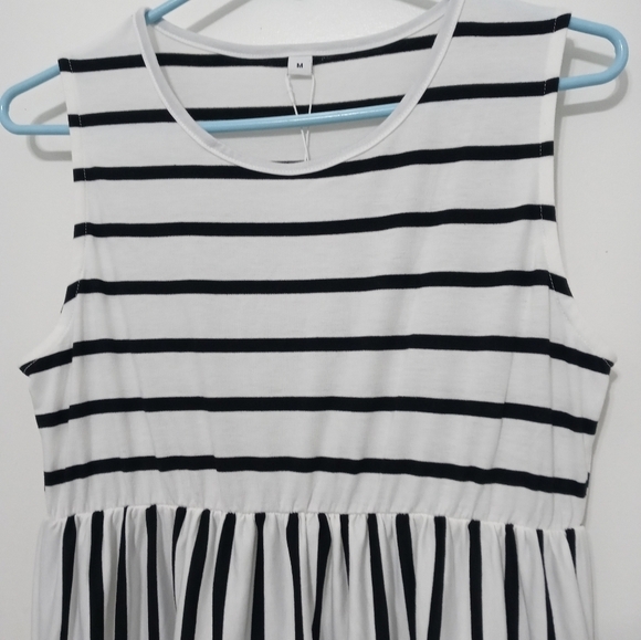 Black/White contrasting Stripes Longline Summer T shirt Tank Dress w Pockets M - Picture 5 of 8
